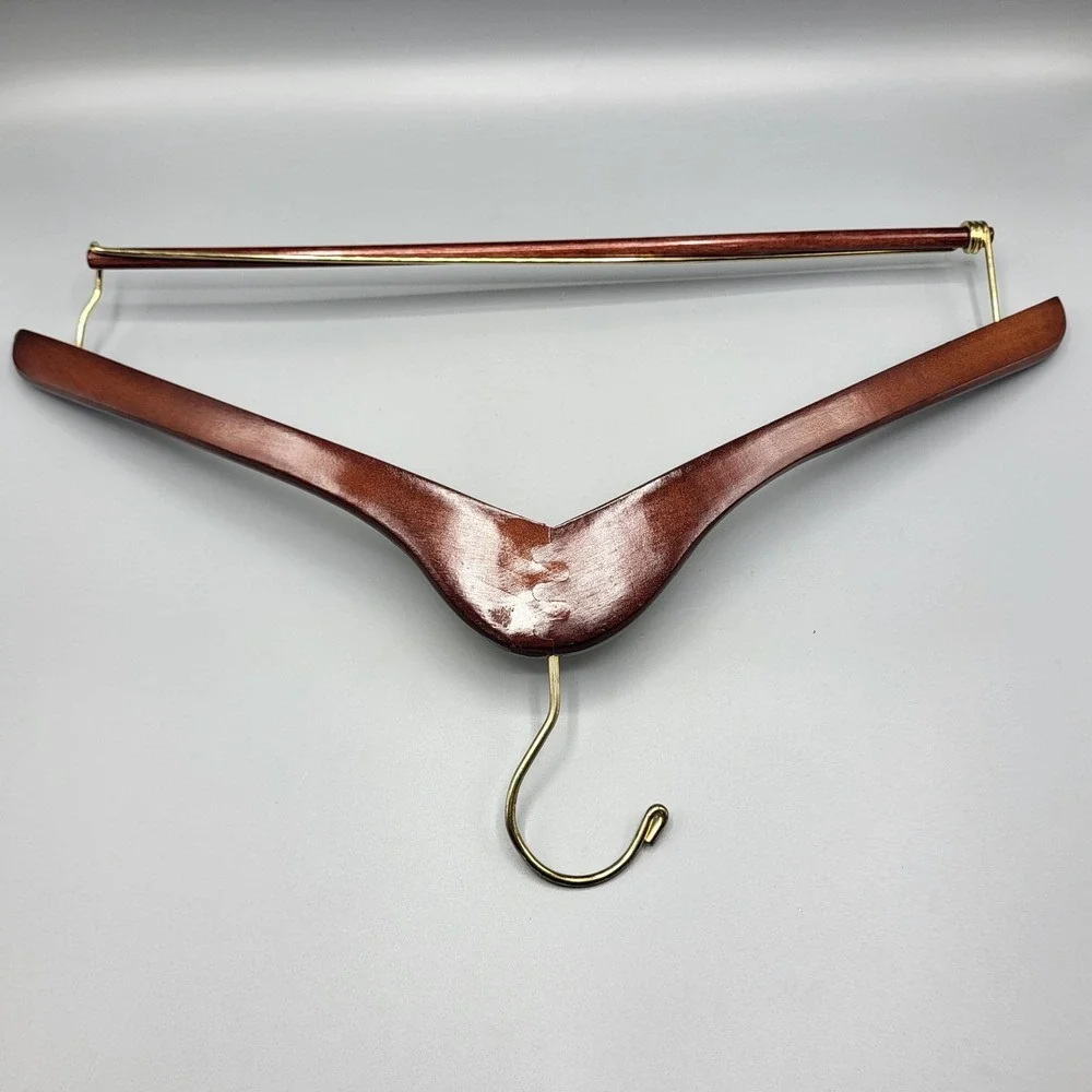 Vintage Set Of 3 Macys Wooden Suit Hangers With Gold Metal Hooks & Trouser Bar